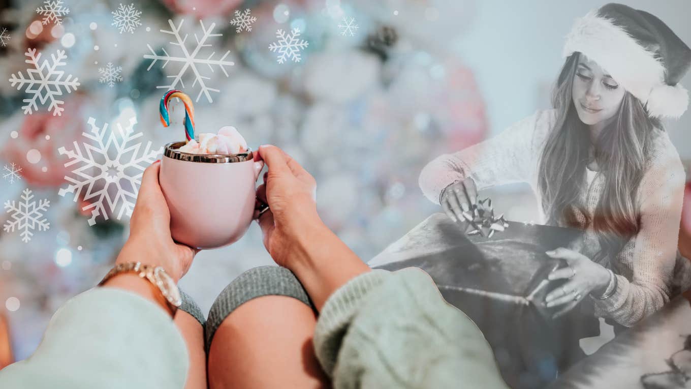 Woman holding cocoa in front of the Christmas tree, wrapping presents