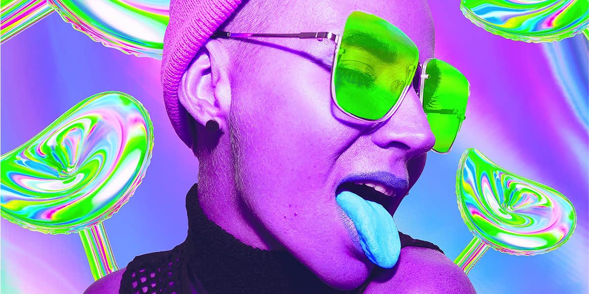 girl sticking her tongue out psychedelic background