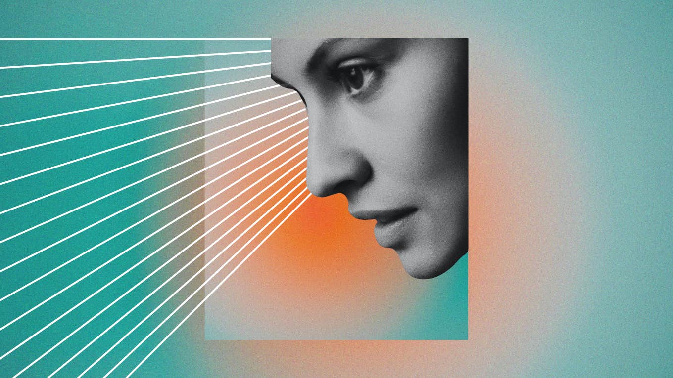 Psychic predictions for the energy of 2024 psychic woman's face on a blue and peach colored background