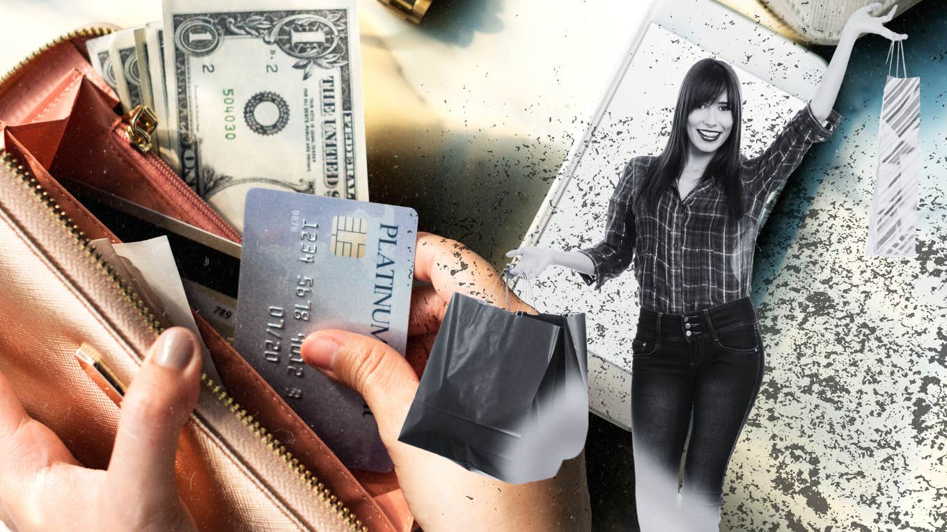 Woman opening her wallet, shopping, impulse spending