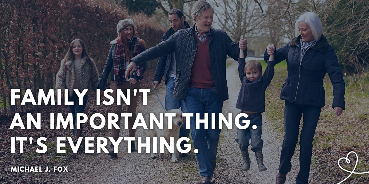 cherish family quote over image of family outside