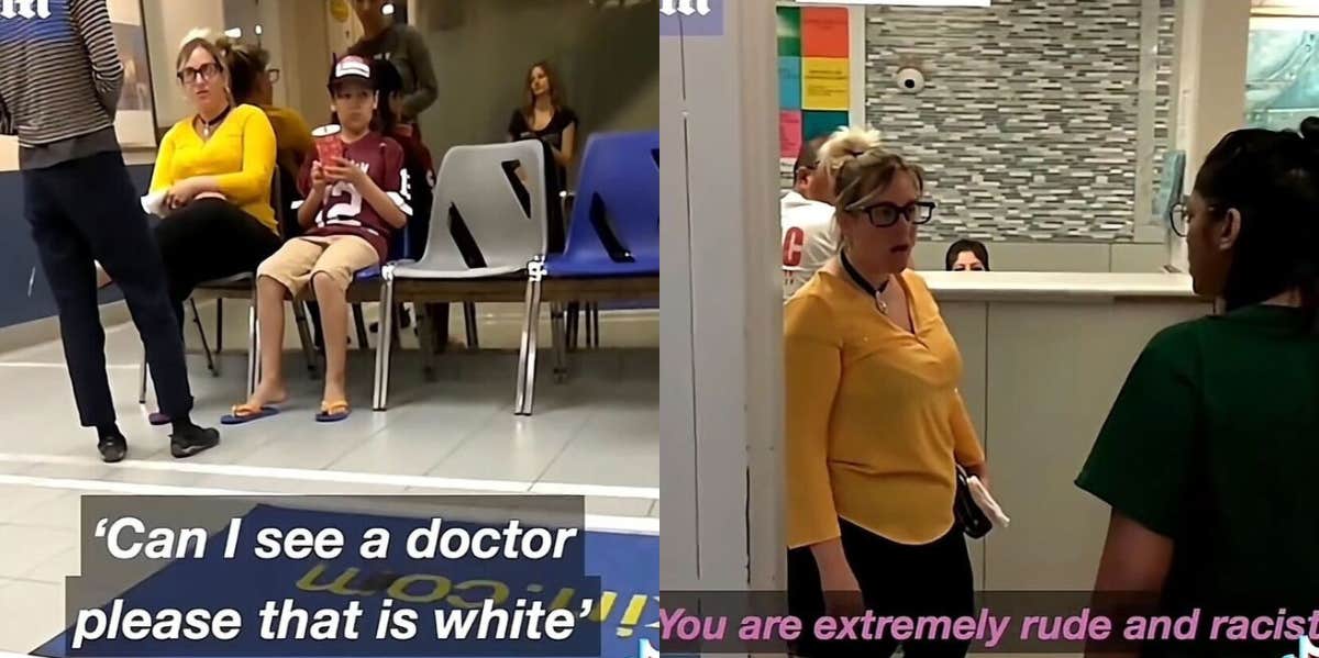 Woman in a yellow shirt argues with people at a clinic after she demands for a white doctor for her son