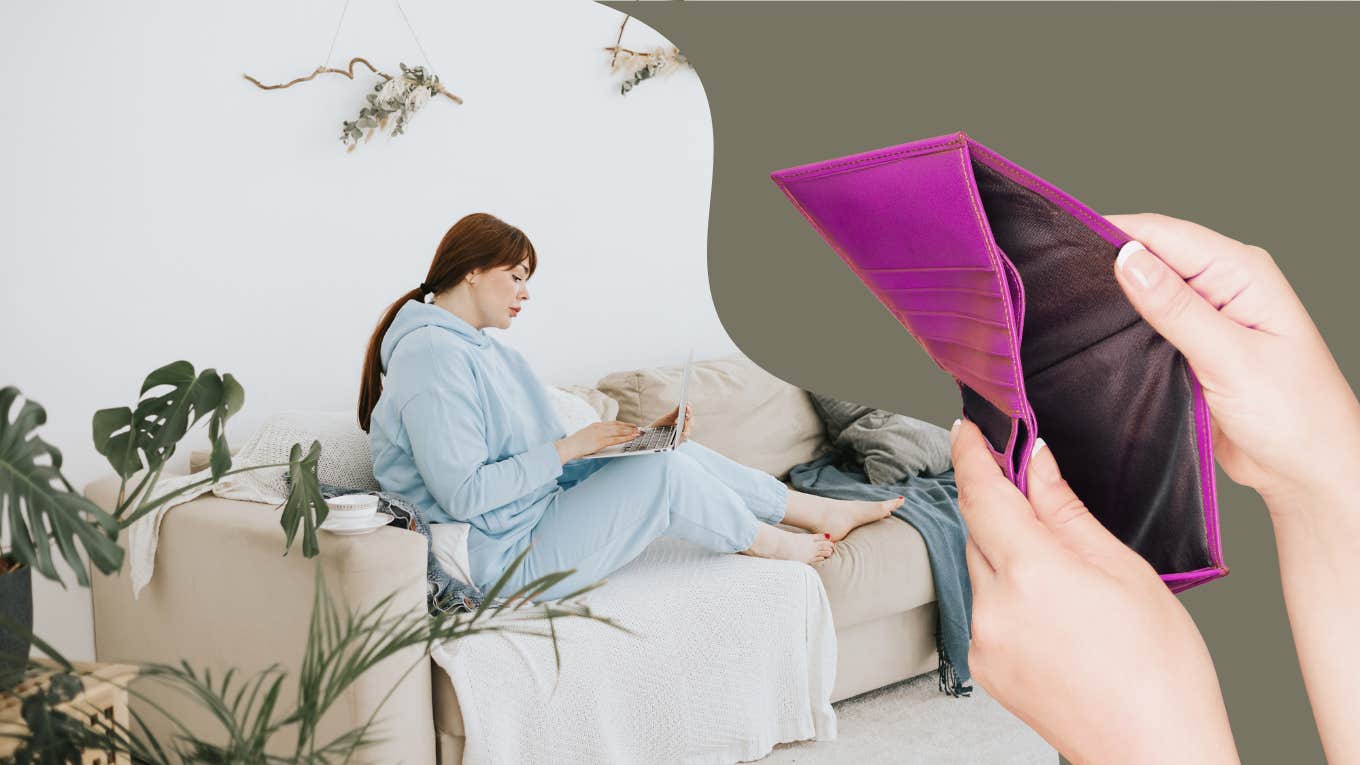 woman writing and empty wallet