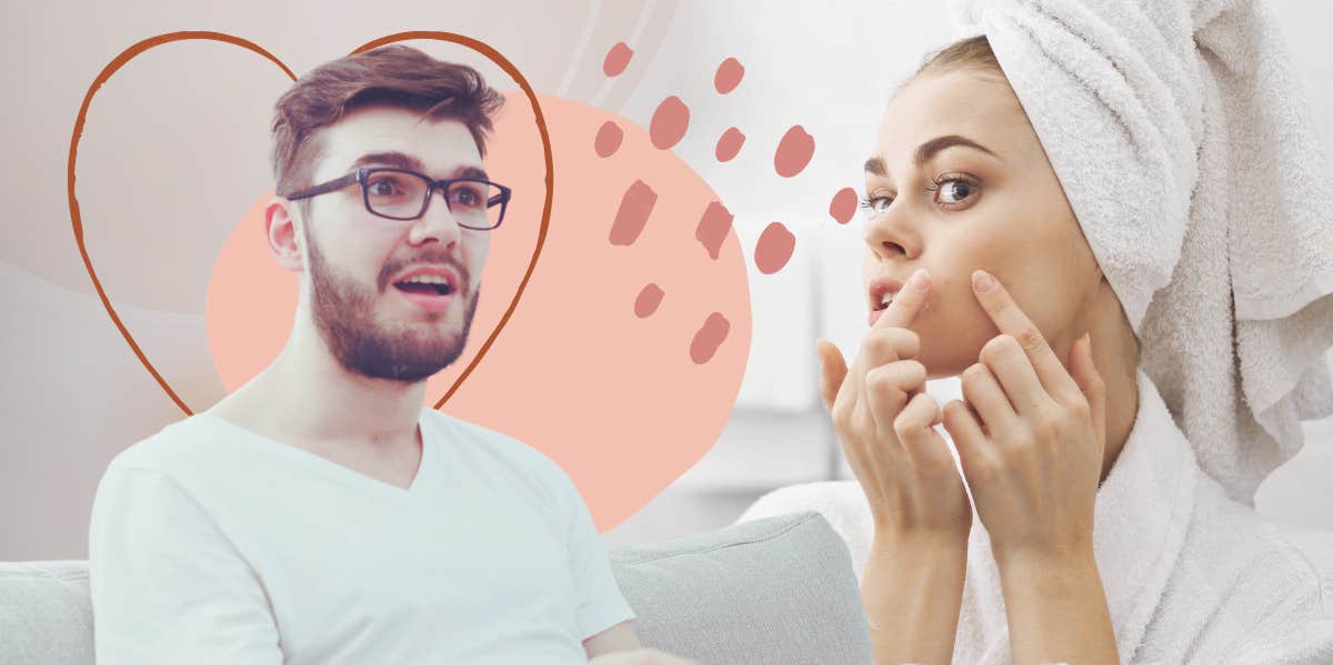 8 "Gross" Things Women Do (That Men Actually Love) Man in shock and woman popping pimple