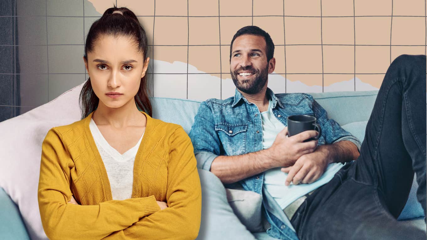 4 Reasons Your Wife Hates When You Just Sit Around Woman upset with her husband who is sitting on the couch happy as can be