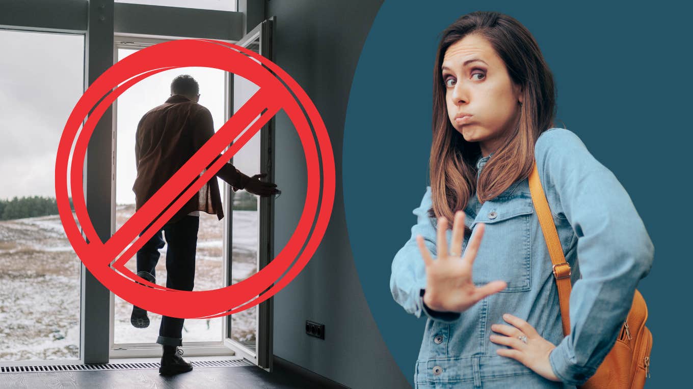 Man walking out, woman saying stop with hand 