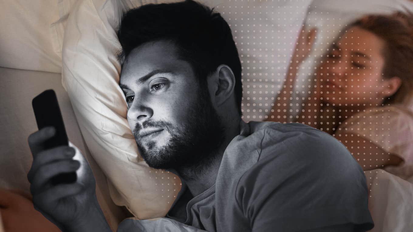 Man texting another woman friend while his girlfriend sleeps next to him