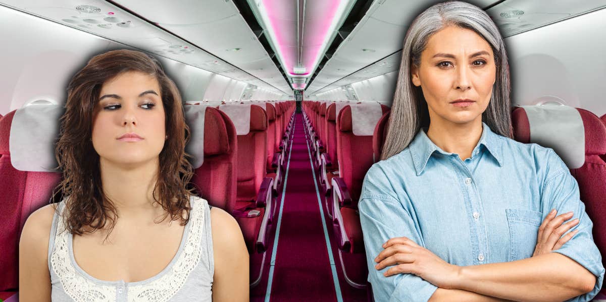 A teen girl and an older woman looking angry on a plane