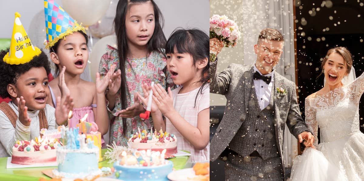 group of kids at birthday party, bride and groom after wedding