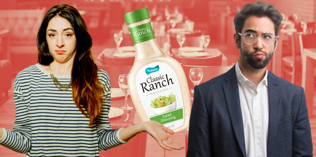 Confused woman, turned-off man and a bottle of ranch