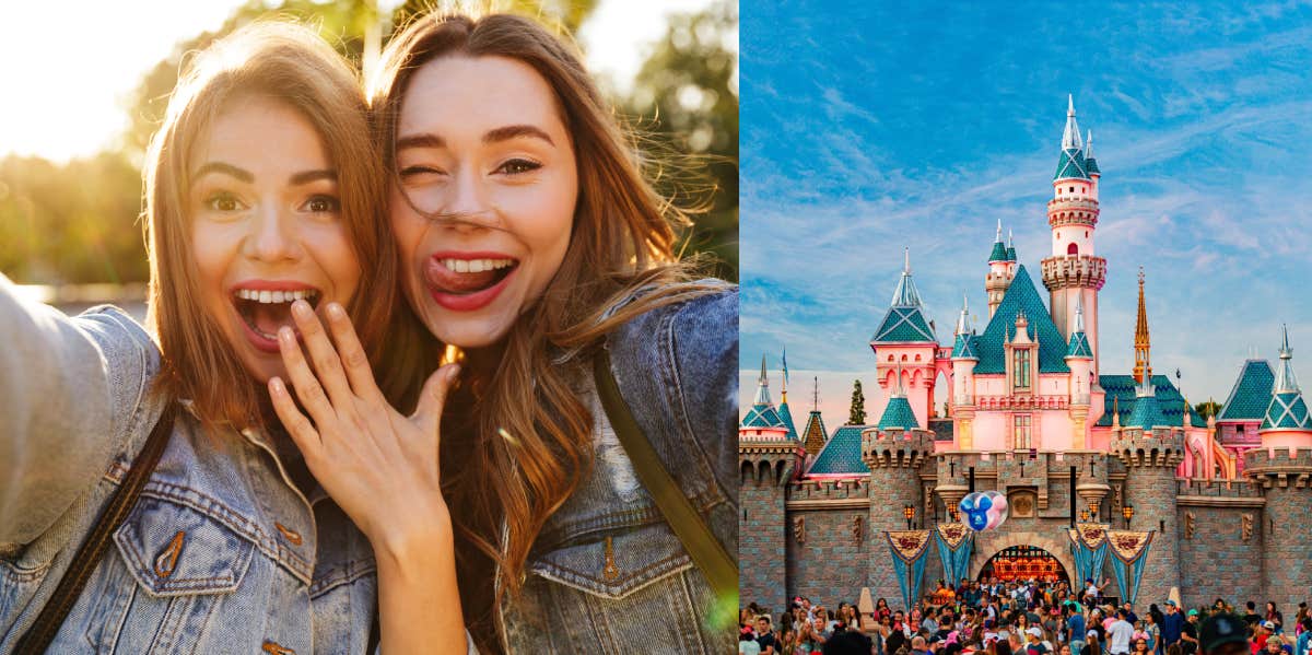 two young women having fun while taking selfie on mobile phone, disney world castle