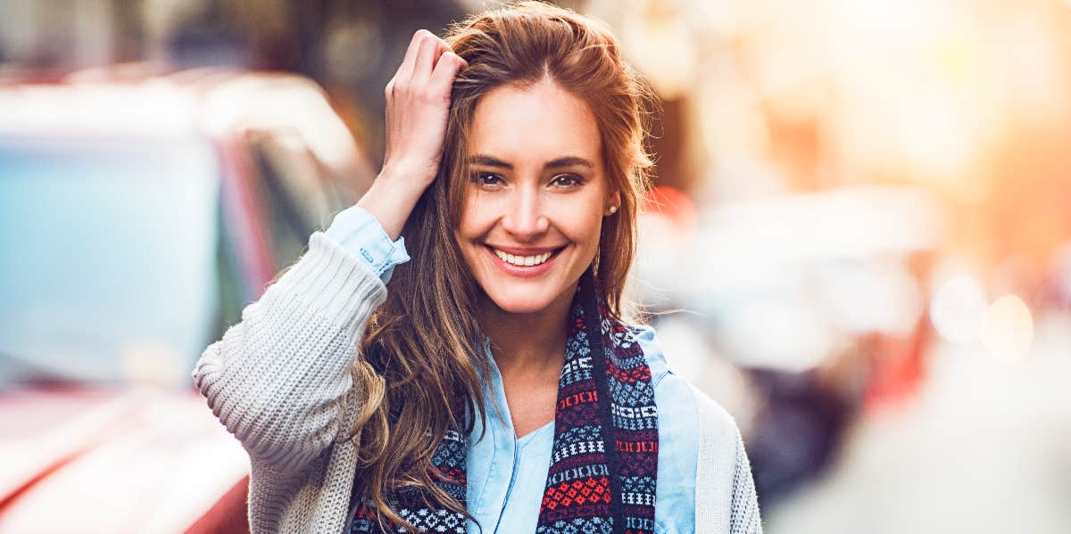 Reduce stress career success Content, confident, relaxed woman walks in the city