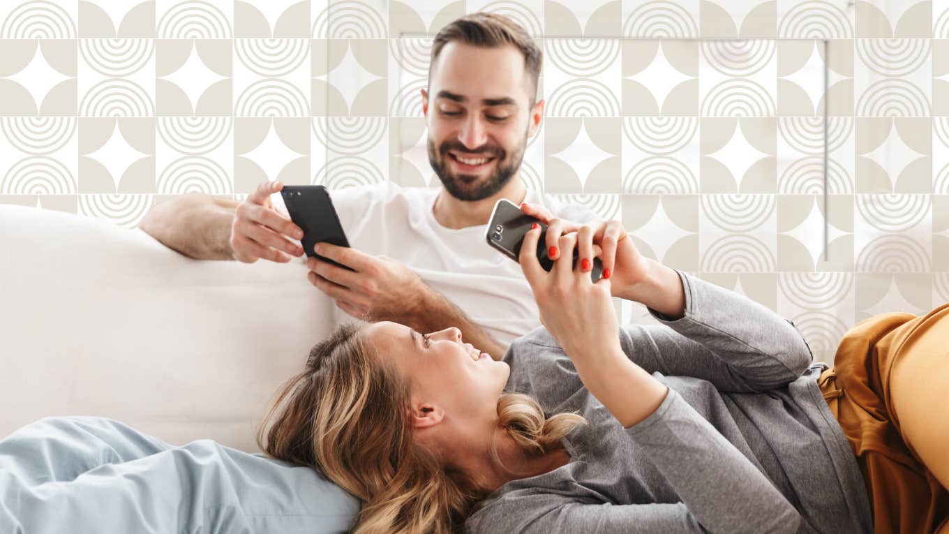 Couple on the couch laughing on their phones