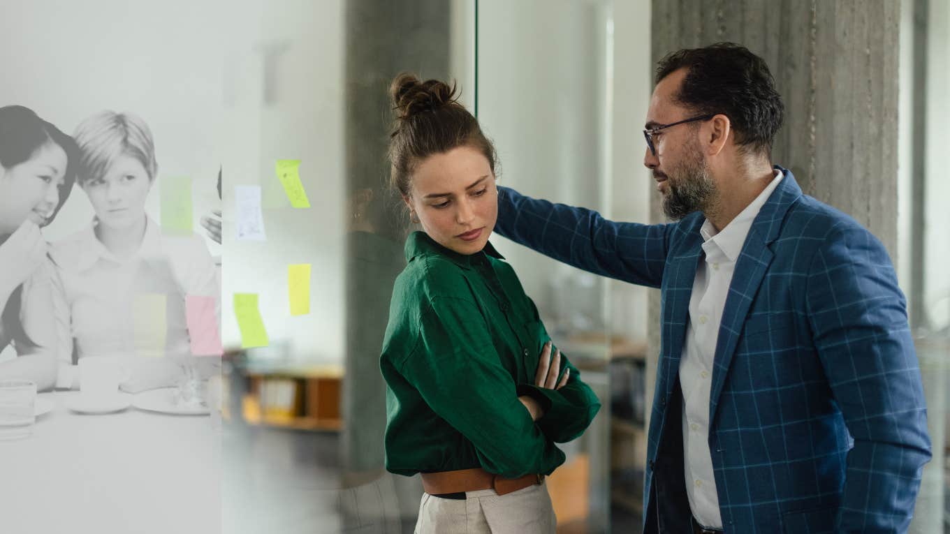 Woman reporting workplace harassment, in a uncomfortable position