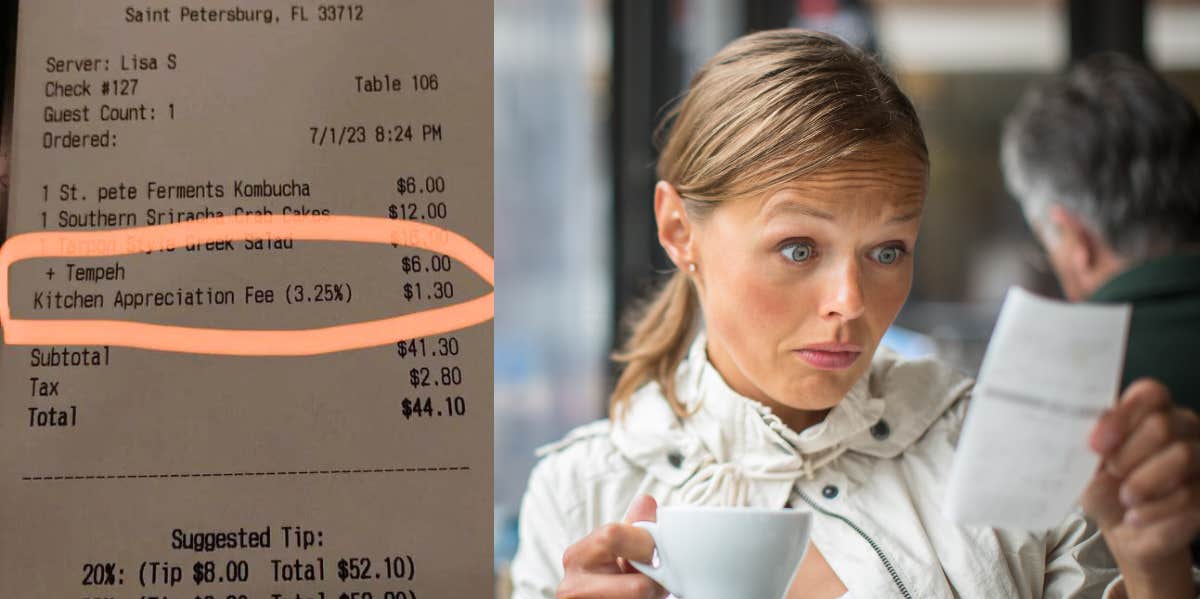 A Restaurant Charges A 'Kitchen Appreciation Fee' And People Are Furious On the left is a photo of a receipt; on the right, a woman is holding a receipt with a baffled expression