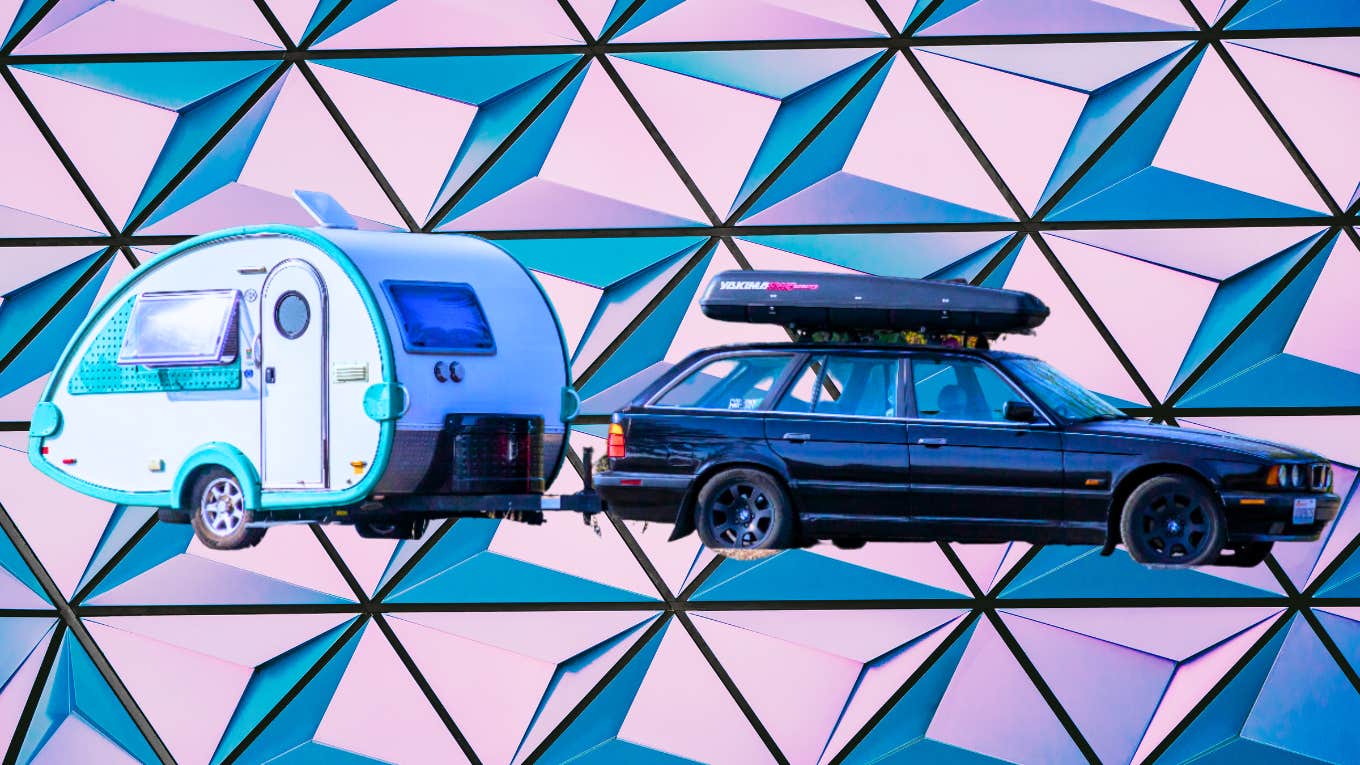 Station wagon pulling teardrop trailer