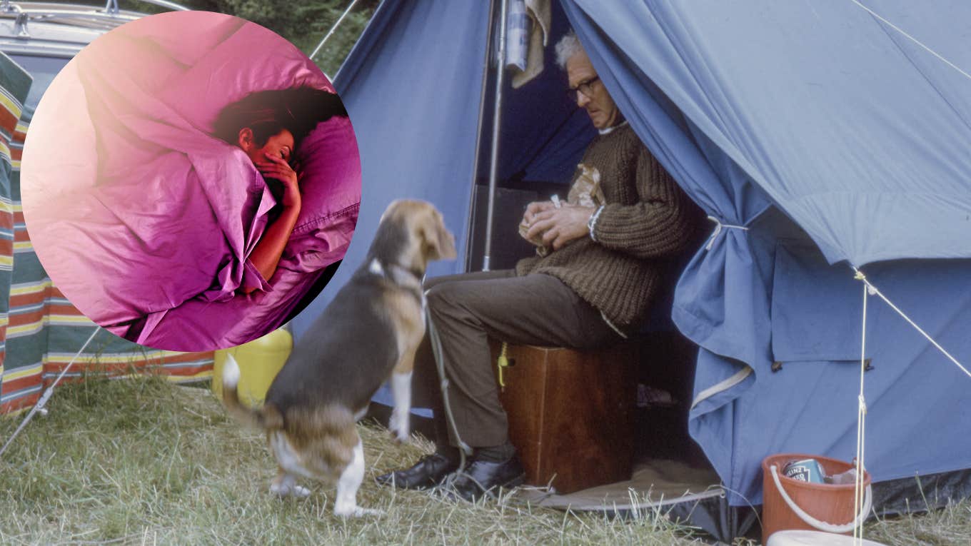 man in tent, woman sleeping in bed