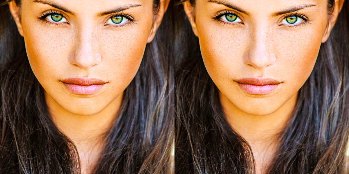 woman with bright green eyes looking at the camera