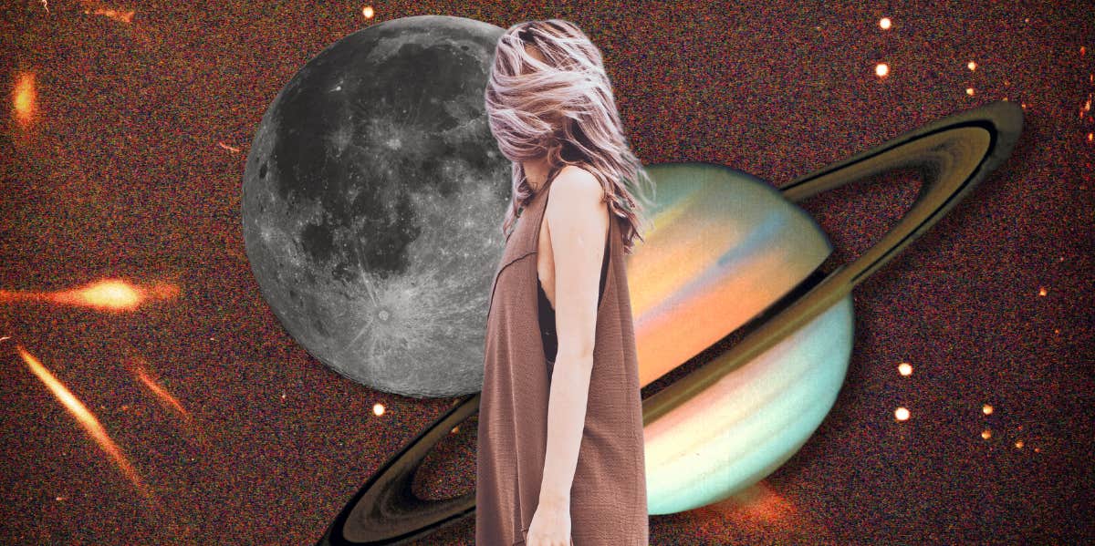 saturn, moon and woman