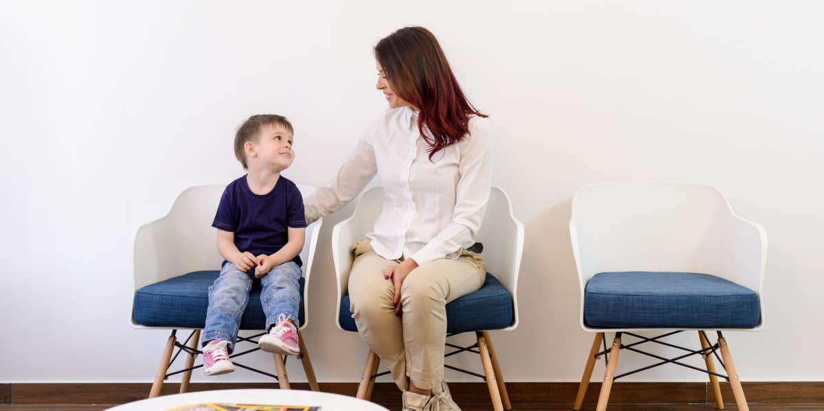 mother and son in waiting room