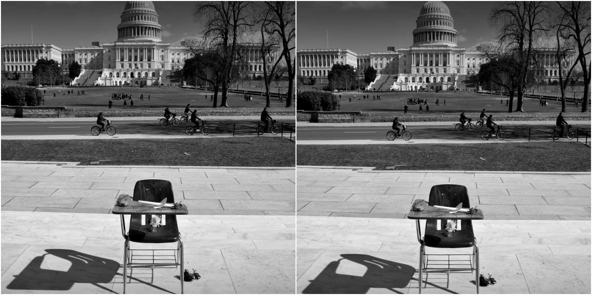 B&W photo of school shooting tribute at the Capitol