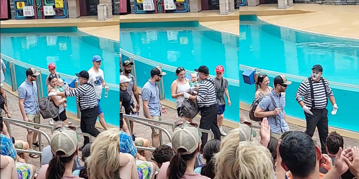 seaworld mime calling out unhelpful dad for not carrying backpack