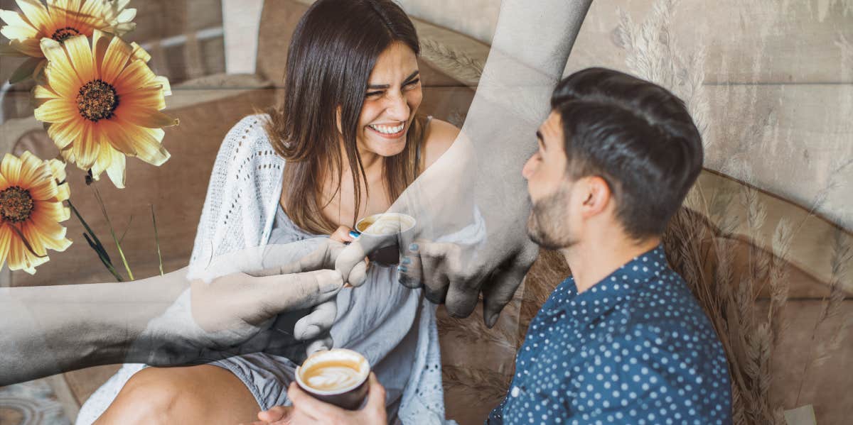 Happy coupe drinking coffee