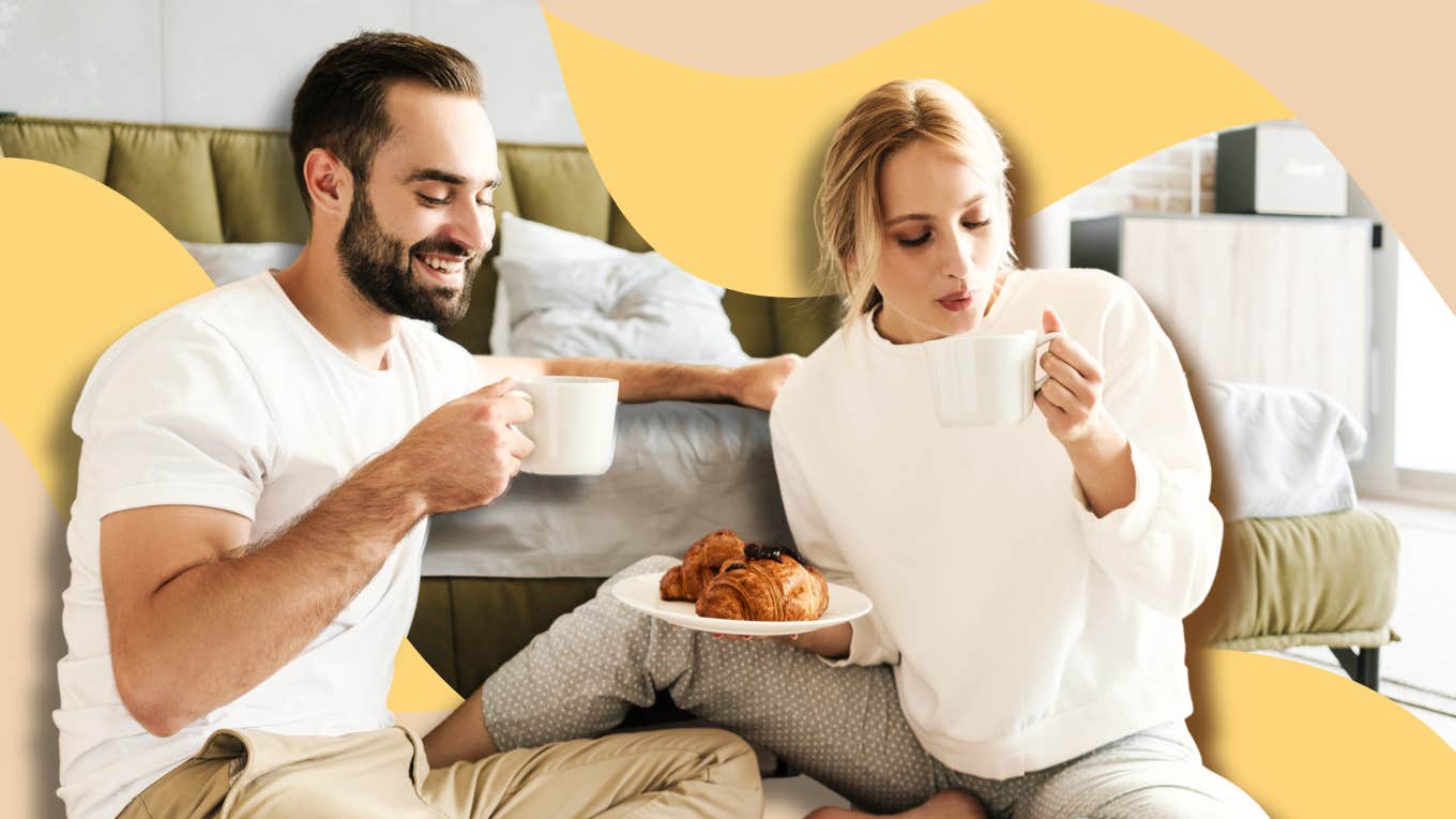 Couple enjoying breakfast and coffee on the floor of their room