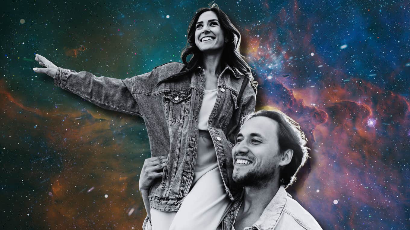 10 Tiny Secrets To Get The Guy You Think Is Out Of Your League Woman on mans shoulder, in galaxy