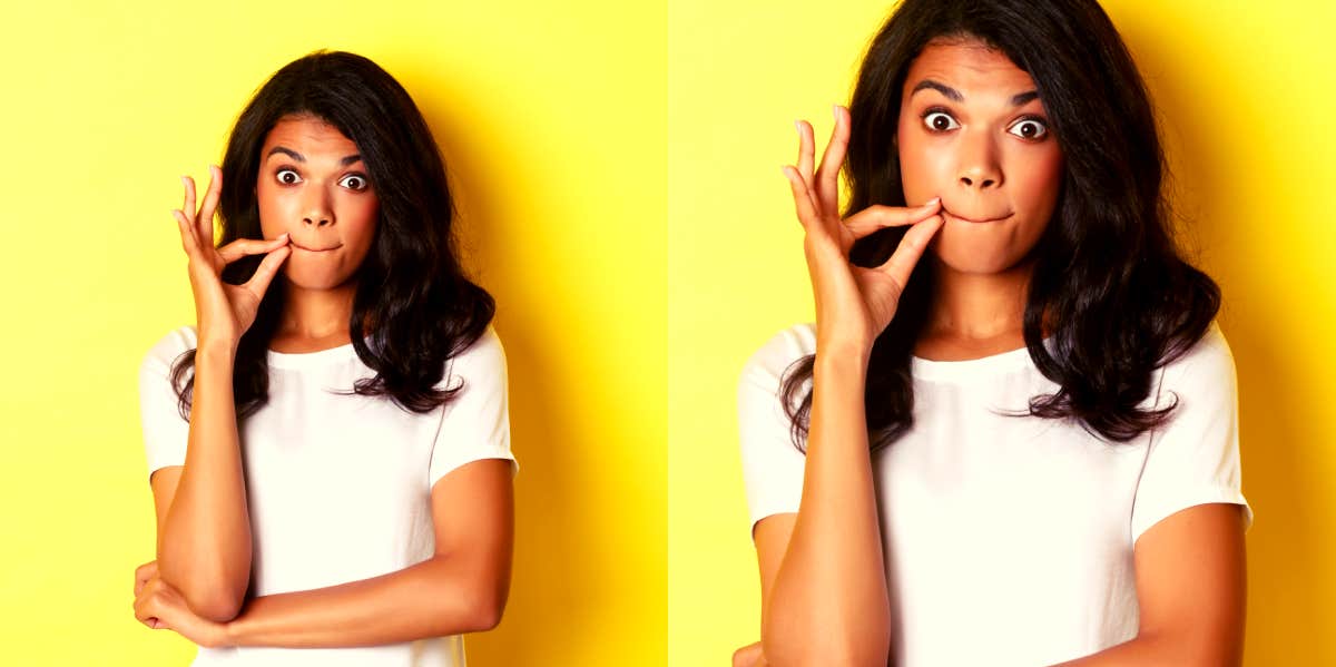 woman in front of yellow background with her lips sealed