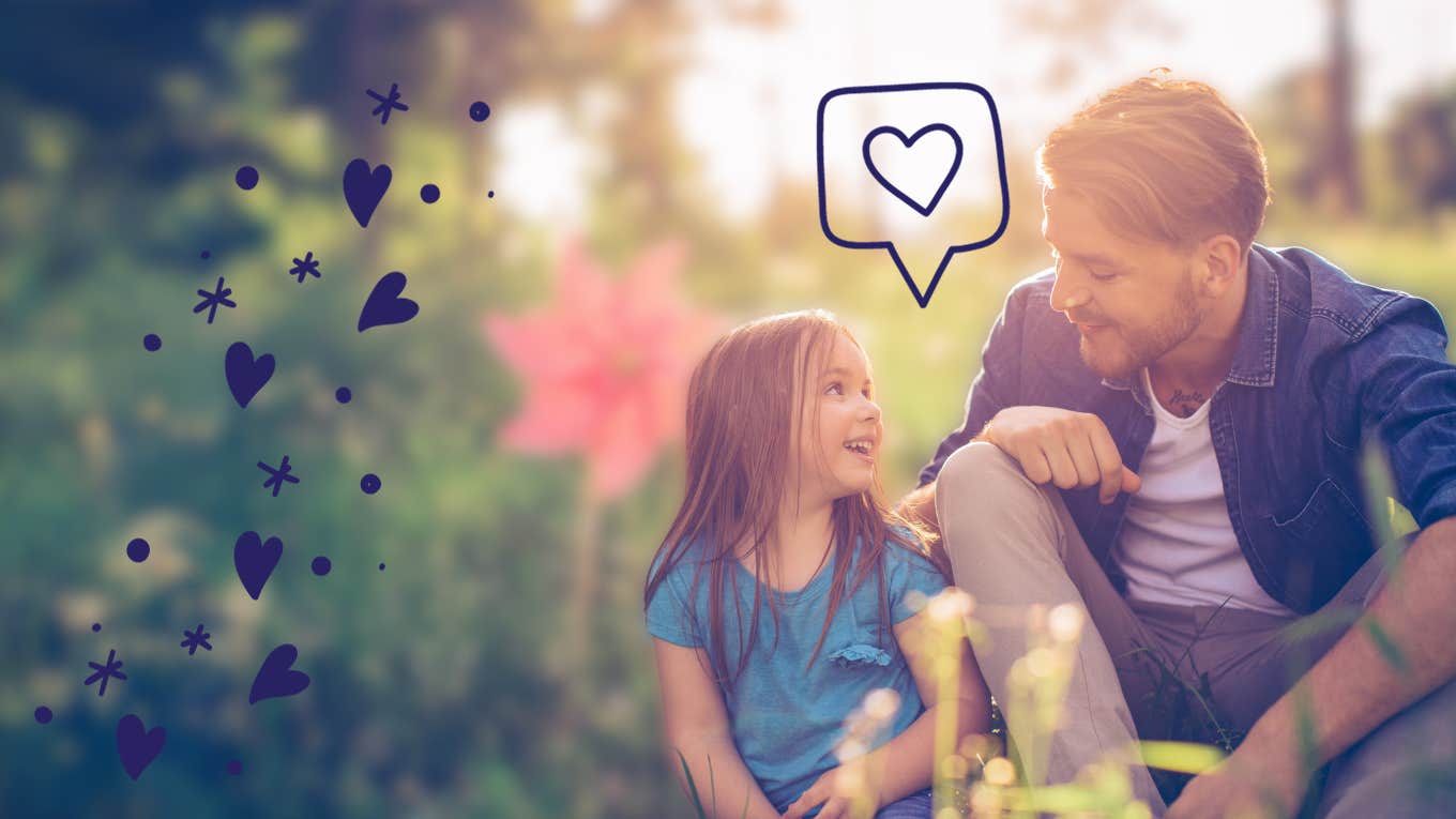 Dad and daughter talking and connecting in a field of flowers