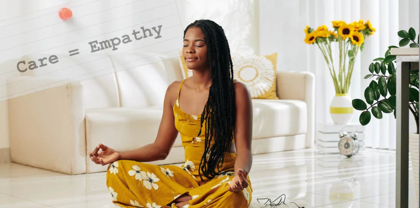 Black woman with long hair meditates on her value in a white living room