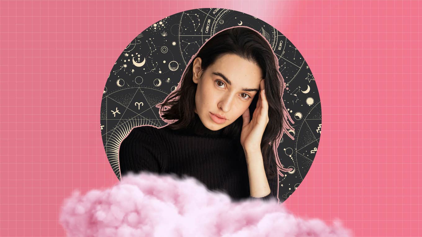 How You Tend To Self-Sabotage, Based On Your 12th House Ruler woman with head in hands, clouds and astrological background
