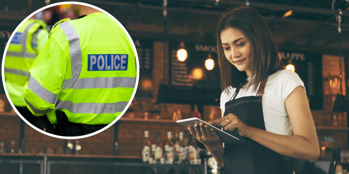 server taking customer's order, police vest