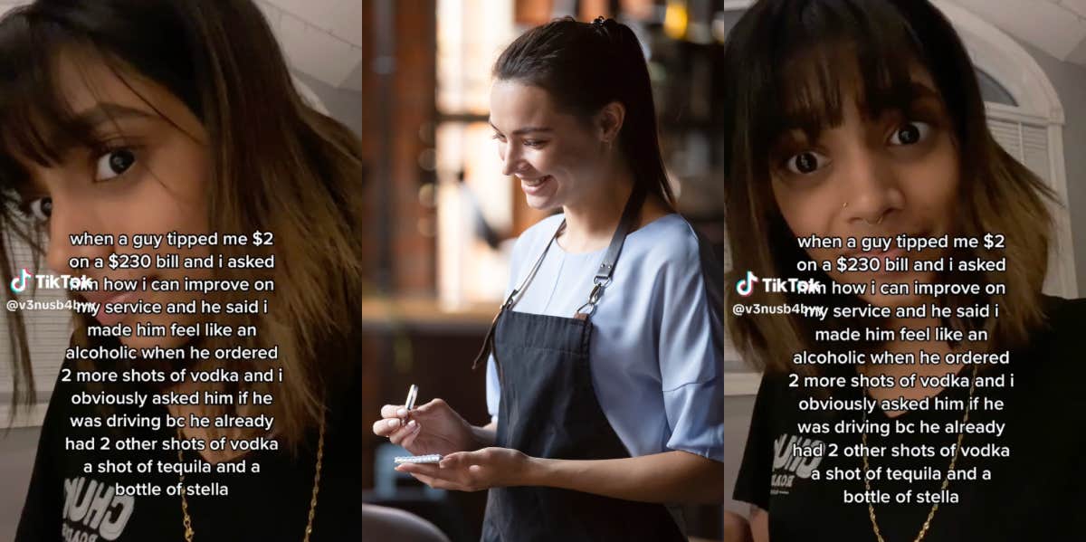Customer Calls Server 'Condescending' Because She Asked Him If He Was Driving After Ordering Shots Karina, smiling waitress taking table's order