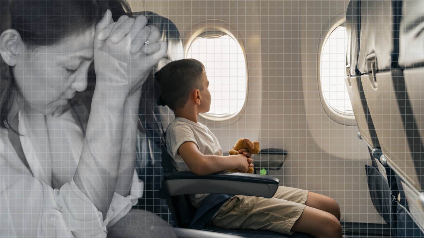 Little boy riding airplane by himself, worried mother 