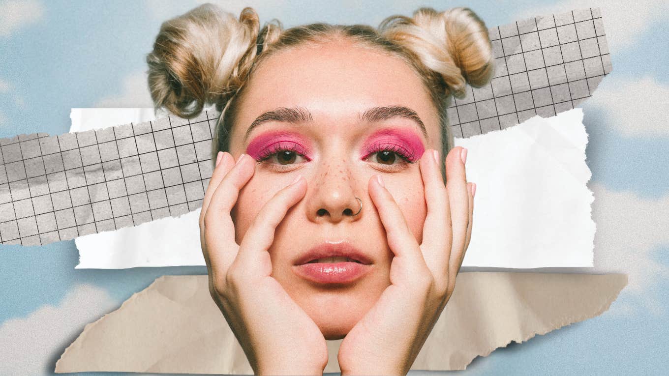 Ridiculous Reasons Men Call Women Crazy (That Are Actually A Form Of Gaslighting) Woman with her hands on her cheeks and bright pink eye shadow