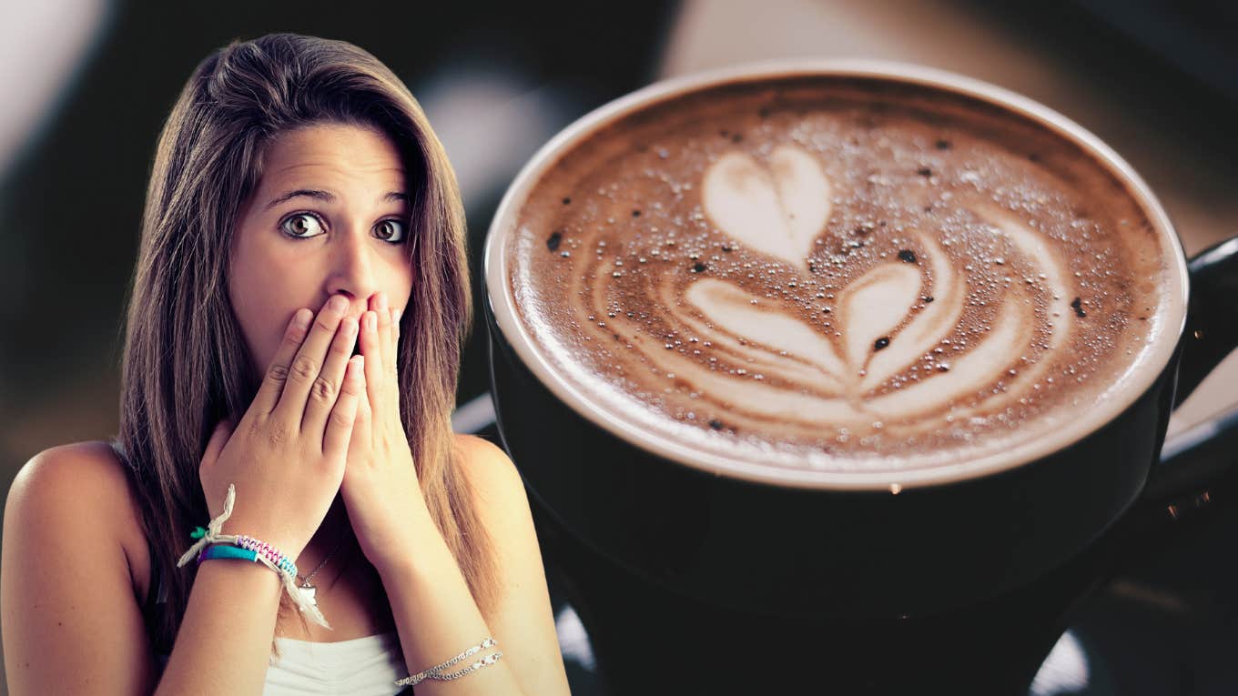 Woman with hands over her mouth with a coffee background 
