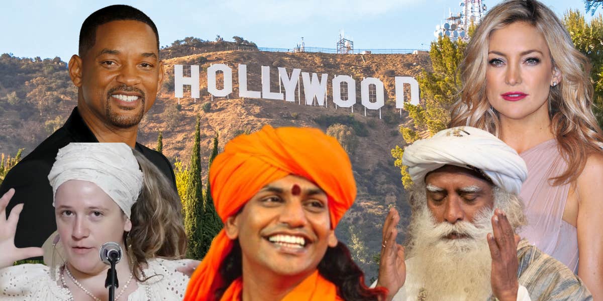 Hollywood sign background with Will Smith, Kate Hudson, and three celebrity yoga gurus