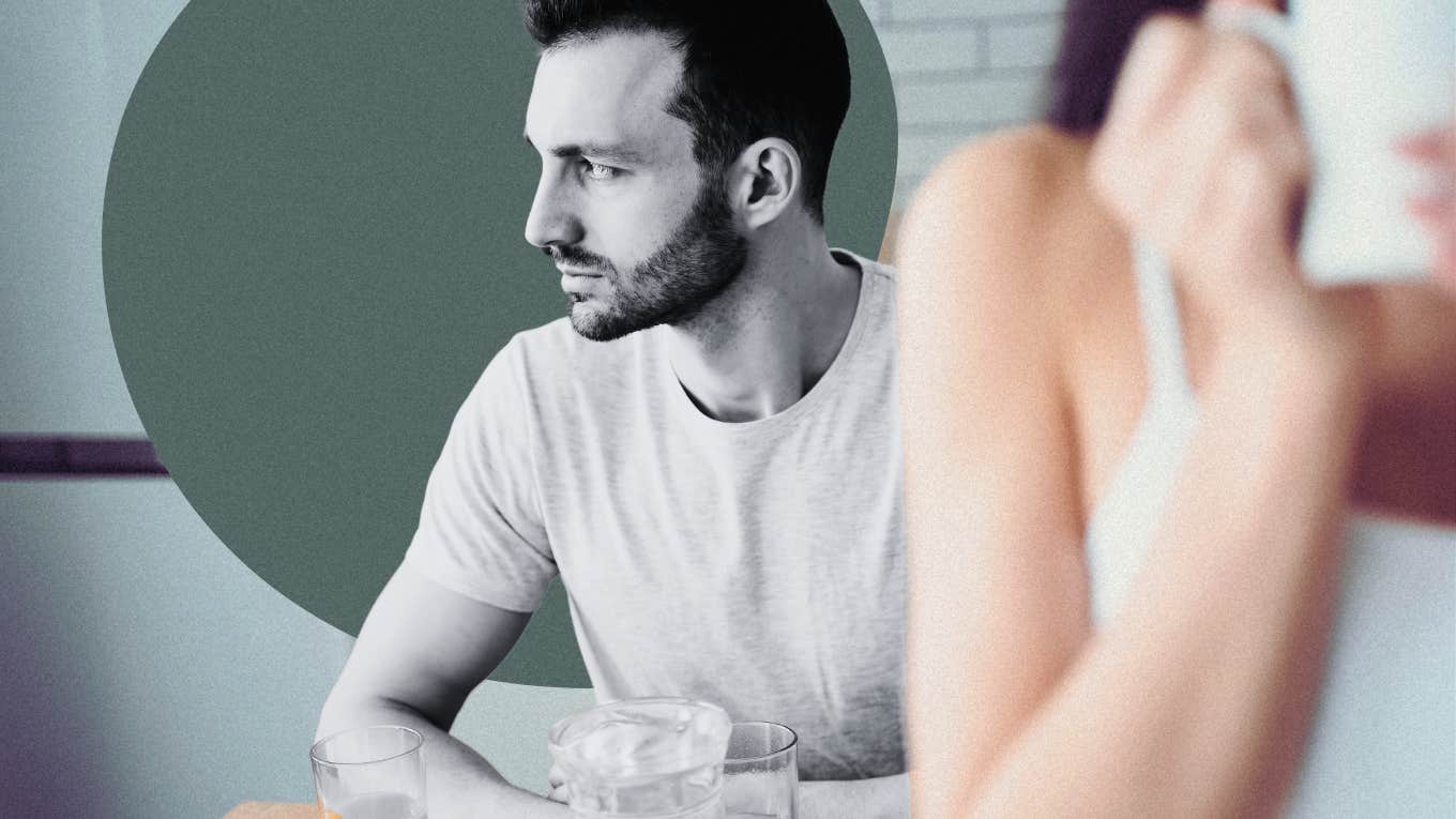 Man spacing out behind woman drinking coffee