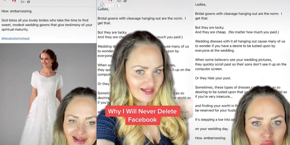 Woman Shames Brides Who Show Cleavage in Their Wedding Dresses — 'It's Stepping Into Adulterous Thought' Jessica Bailey Hassan. Kristine Harhoef facebook post