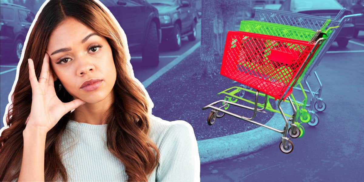 woman annoyed that a shopping cart hasn't been put away