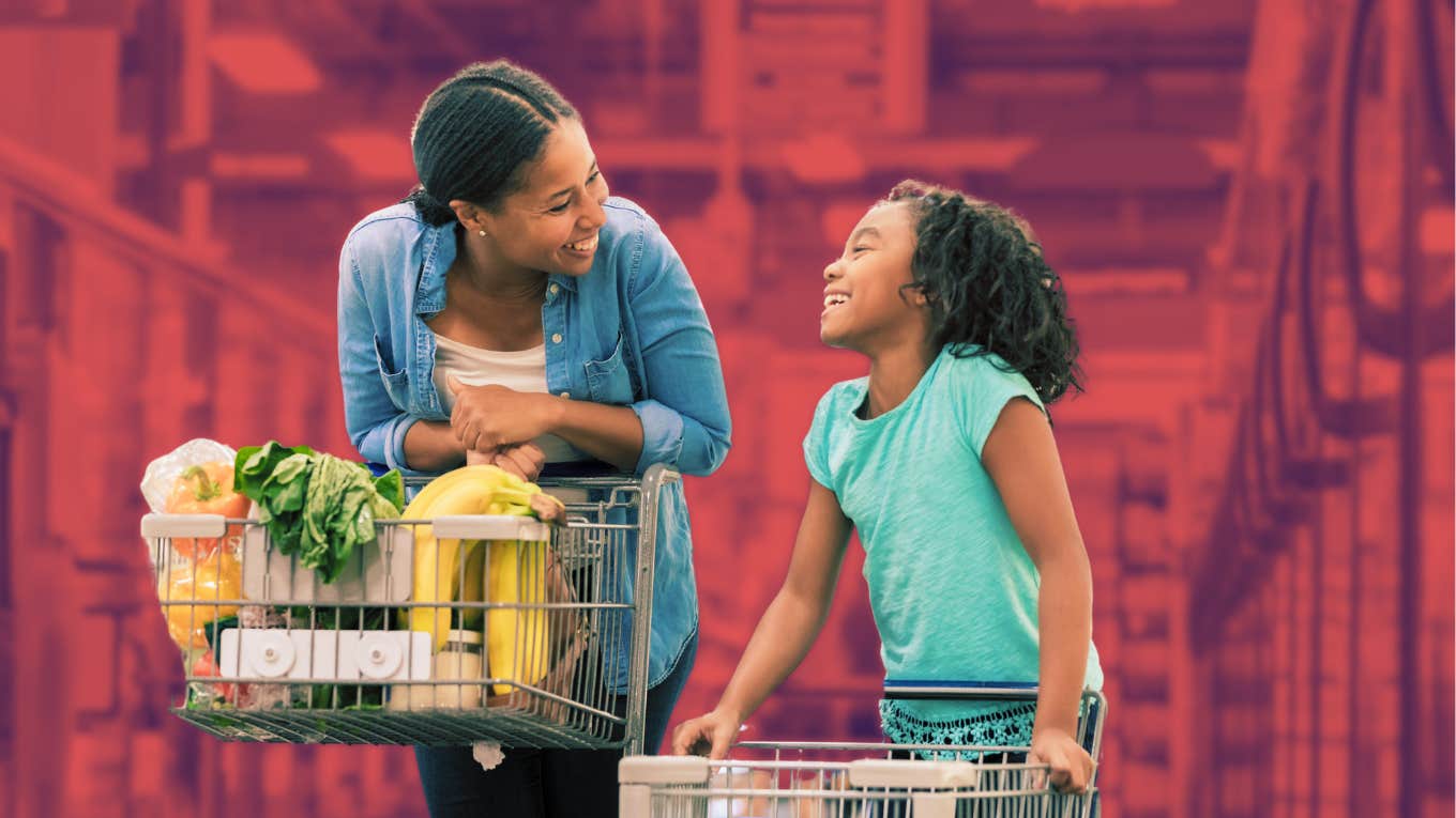 mom and daughter in the grocery store