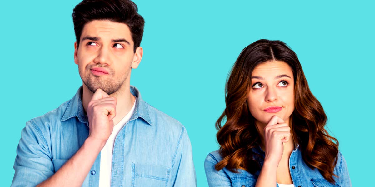 boyfriend and girlfriend in front of turquoise background wondering if they should break up