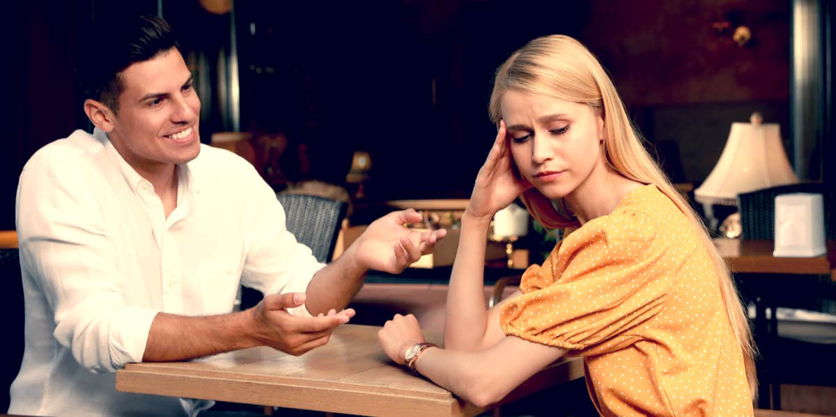 3 Easy Ways To Know You're Dating A Man With Narcissistic Personality Disorder woman on date with narcissist