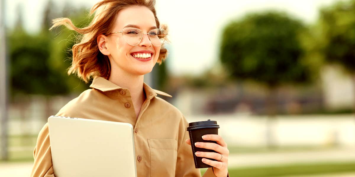 woman walking and smiling