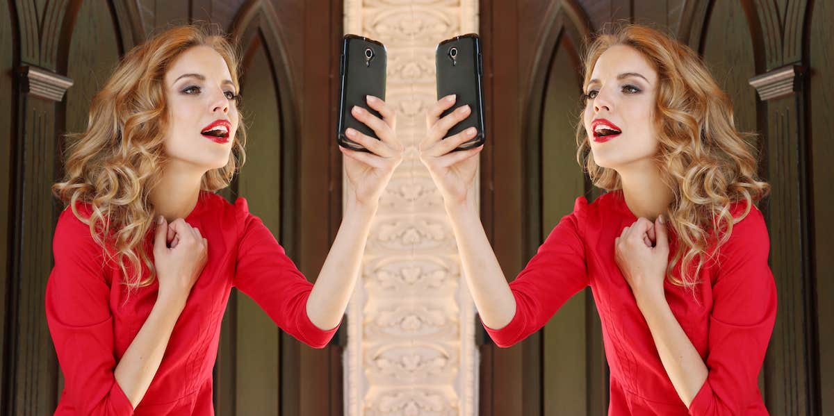 a double image of a woman singly focused on taking a selfie