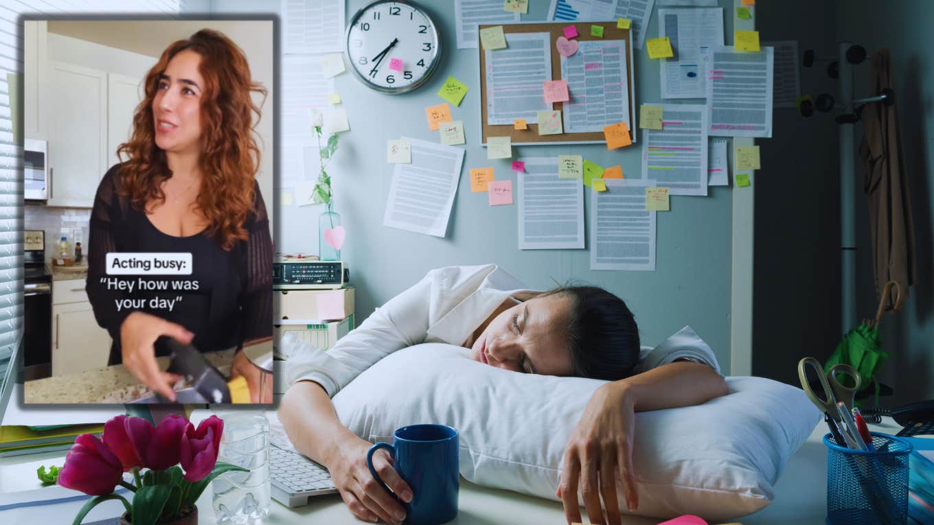 exhausted woman at her desk