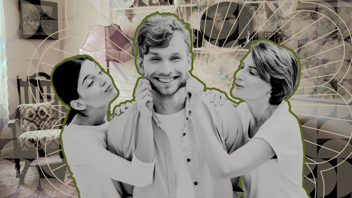Signs You Were Raised By A 'Devouring Mom' Type Adult man having his cheeks pinched by mother