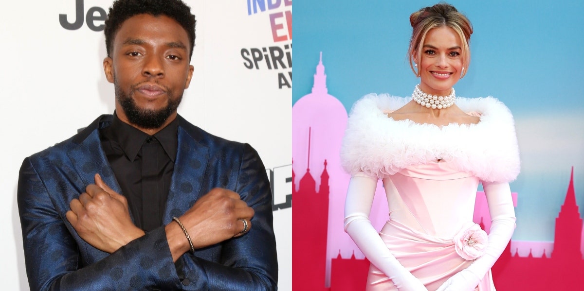 A red carpet photo of Chadwick Boseman is next to one of Margot Robbie.